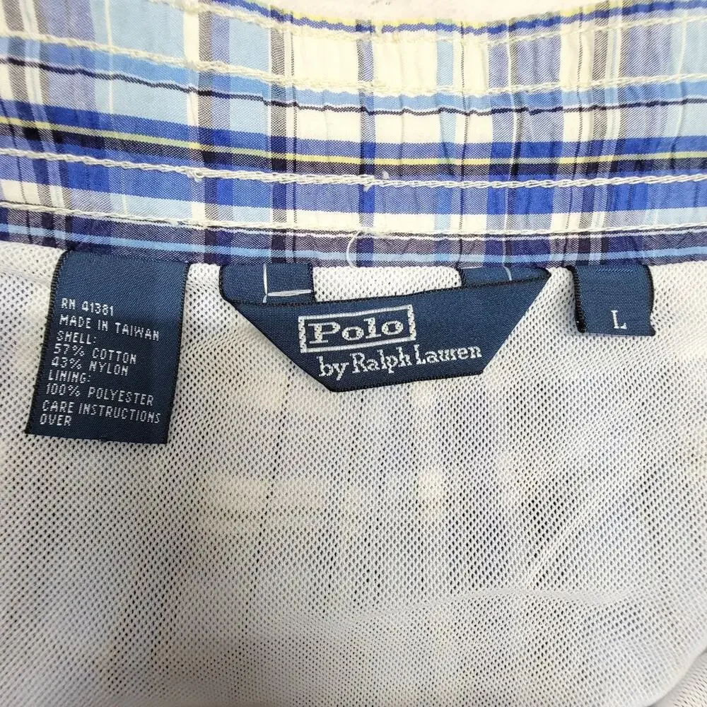 Polo Ralph Lauren Mens L Swim Trunks Blue Plaid Board Shorts Bathing Suit Pony